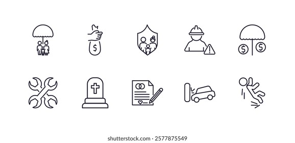 editable outline icons set. thin line icons from insurance collection. linear icons such as life insurance, robbery, construction risk, investment insurance, marriage contract, falling