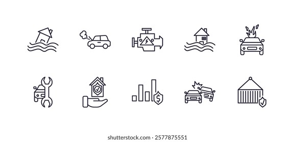 editable outline icons set. thin line icons from insurance collection. linear icons such as flooded house, total loss, disaster, burning car, actual cash value, transport insurance