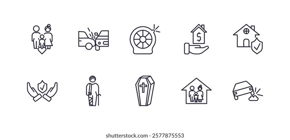 editable outline icons set. thin line icons from insurance collection. linear icons such as family care, side crash, mortgage, house insurance, coffin, stone on the road