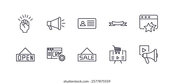 editable outline icons set. thin line icons from marketing collection. linear icons such as motivation, campaign, banner, favorite web, sale, video marketing