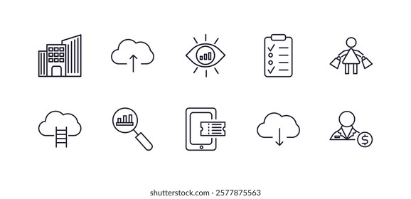 editable outline icons set. thin line icons from marketing collection. linear icons such as enterprise, upload to cloud, checklist, consumer, eticket, salesman