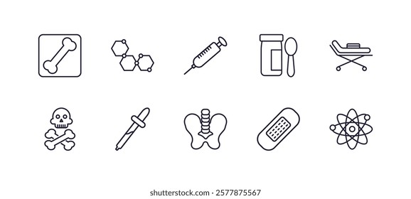 editable outline icons set. thin line icons from medical collection. linear icons such as x ray of bones, molecular structure, syrup medicine bottle, hospital bed side view, p, atomic structure