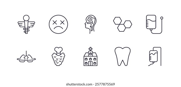 editable outline icons set. thin line icons from medical collection. linear icons such as caduceus, dead, three hexagons cell, perfusion, hospital building front, plasma