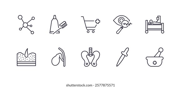 editable outline icons set. thin line icons from medical collection. linear icons such as molecular configuration, brush with tooth paste, eye scanner medical, illness on bed, pelvic area, phary