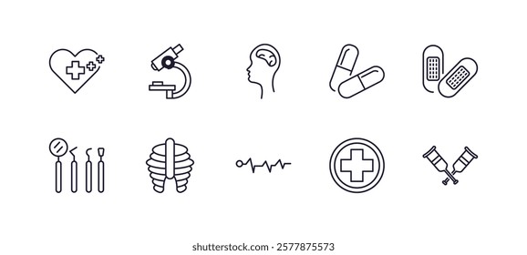 editable outline icons set. thin line icons from medical collection. linear icons such as cure, microscope tool, medicine capsules, plastering, pulse line, crutches couple