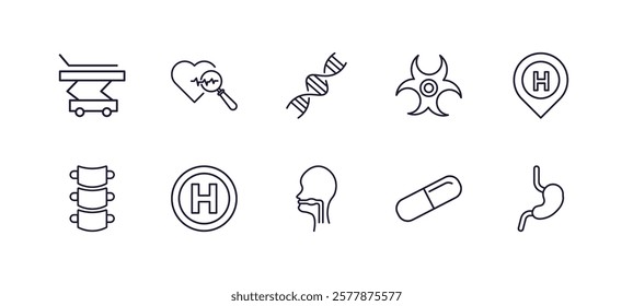 editable outline icons set. thin line icons from medical collection. linear icons such as table of treatments, medical heart scan, biological warning, hospital placeholder, pharynx, esophagus