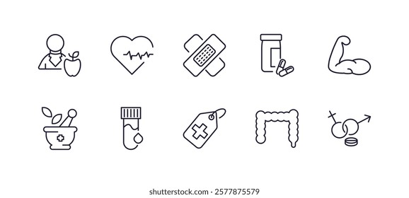editable outline icons set. thin line icons from medical collection. linear icons such as nutrionist, heart rate monitor, pills jar, strong, tag with a cross, united heterosexual