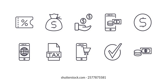 editable outline icons set. thin line icons from payment collection. linear icons such as voucher, financial, mobile money, dollar, online shopping, cash money