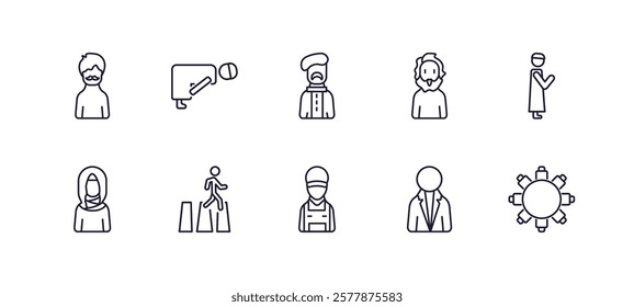 editable outline icons set. thin line icons from people collection. linear icons such as hairy, ruku, facial hair, qiyam, technician, round table