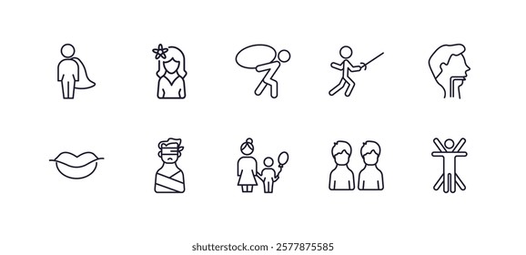 editable outline icons set. thin line icons from people collection. linear icons such as cape, woman with flower, fencing attack, throat, babysitter and child, vitruvian man