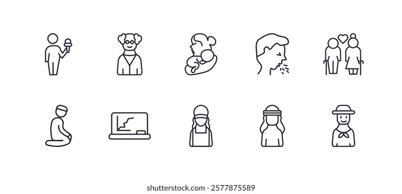 editable outline icons set. thin line icons from people collection. linear icons such as foreign reporter, old man, cough, old couple, delivery woman, chilean