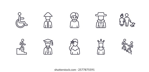 editable outline icons set. thin line icons from people collection. linear icons such as handicapped, vietnamese, spanish man, man girl and dog, venezuelan, walking downstairs