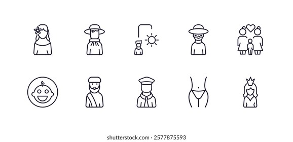 editable outline icons set. thin line icons from people collection. linear icons such as mexican woman, argentina, zorro, lesbian couple, aviation, princes