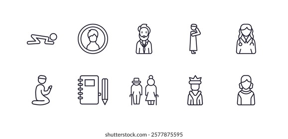 editable outline icons set. thin line icons from people collection. linear icons such as sujud, male user, takbir, female doctor, elder, old woman