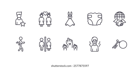 editable outline icons set. thin line icons from people collection. linear icons such as bast, lesbian couple and son, baby diaper, business partnership, no racism, effort