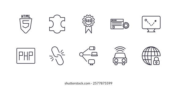 editable outline icons set. thin line icons from programming collection. linear icons such as html5, addon, web optimization, advertising bounce, cross-platform, secured network