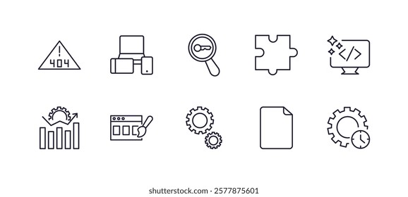 editable outline icons set. thin line icons from programming collection. linear icons such as 404 error, adaptive layout, plugin, clean code, engineering, seo management