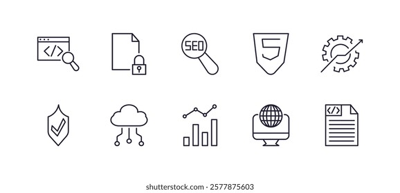 editable outline icons set. thin line icons from programming collection. linear icons such as code review, encripted file, html, optimization, seo ranking, code listing