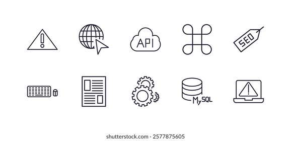 editable outline icons set. thin line icons from programming collection. linear icons such as error 404, www, command, seo tags, seo consulting, program error