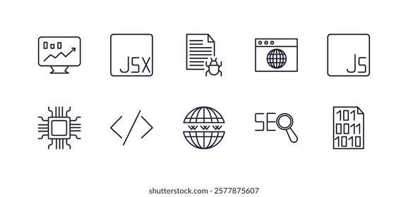 editable outline icons set. thin line icons from programming collection. linear icons such as seo monitoring, jsx, web page, js, web domain, binary file