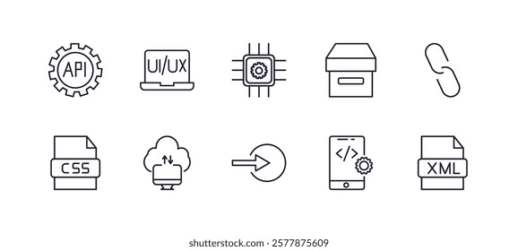 editable outline icons set. thin line icons from programming collection. linear icons such as program interface, ux de, archive, hyperlink, login, xml