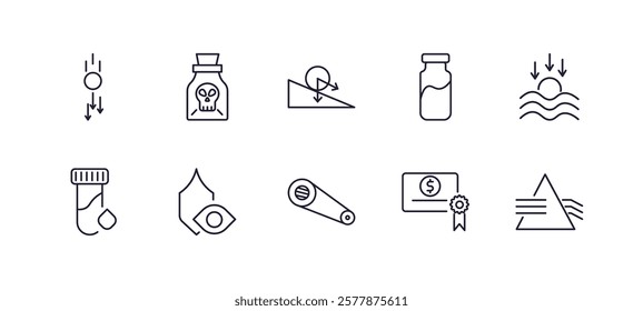 editable outline icons set. thin line icons from science collection. linear icons such as gravity, poison, vial, submerge, pulley, refraction