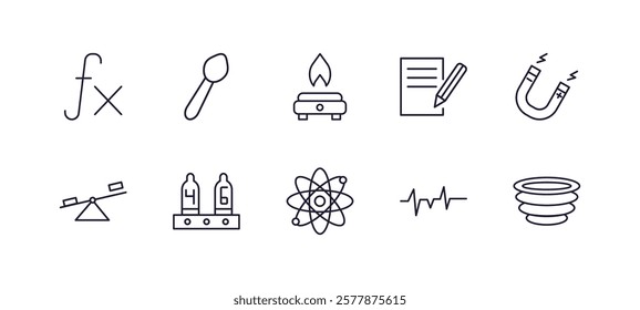 editable outline icons set. thin line icons from science collection. linear icons such as formula, spoon, notes, magnetism, atoms, vortex