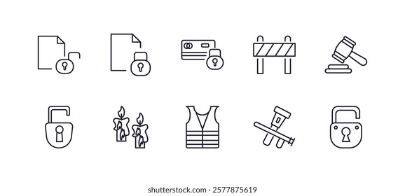 editable outline icons set. thin line icons from security collection. linear icons such as unlocked file, locked file, barricade, court gavel, reflective vest, padlock unlocked