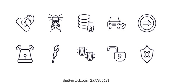 editable outline icons set. thin line icons from security collection. linear icons such as fire phone, watch tower, safety car, transparent, leg protector, unsecure