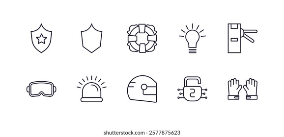 editable outline icons set. thin line icons from security collection. linear icons such as police shield, black shield, insight, turnstiles, racing helmet, goalkeeper