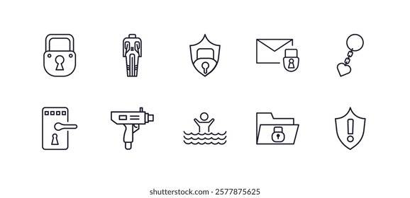 editable outline icons set. thin line icons from security collection. linear icons such as locked padlock, race suit, secure envelope, key chain, drowning, security warning