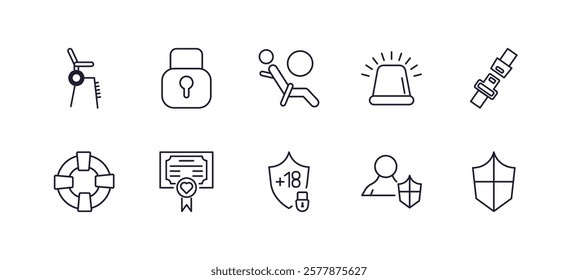 editable outline icons set. thin line icons from security collection. linear icons such as lifeguard chair, blocked padlock, emergency light, seat belt, underage, checkered shield