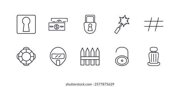 editable outline icons set. thin line icons from security collection. linear icons such as keyhole, two dollar bills, e, hash, picket, safety seat