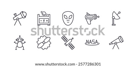 editable outline icons set. thin line icons from astronomy collection. linear icons such as telescope pointing up, generator, space gun, voyager, space module, big telescope