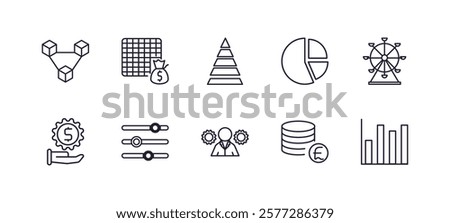 editable outline icons set. thin line icons from business collection. linear icons such as connection box chart, economy games, pie chart file, big ferris wheel, man with solutions, bars graphic