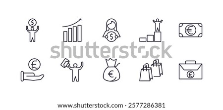 editable outline icons set. thin line icons from business collection. linear icons such as man holding a big coin, measure success, success man, euro bills, euro money bag, pounds bag of business