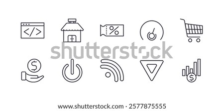 editable outline icons set. thin line icons from marketing collection. linear icons such as webcode, shop, velocity test, buying, rss, sales