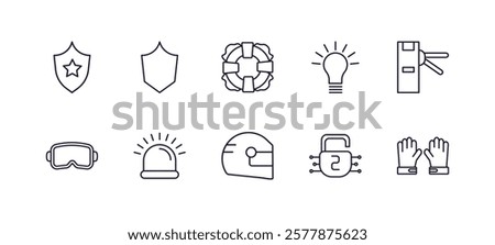 editable outline icons set. thin line icons from security collection. linear icons such as police shield, black shield, insight, turnstiles, racing helmet, goalkeeper