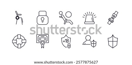 editable outline icons set. thin line icons from security collection. linear icons such as lifeguard chair, blocked padlock, emergency light, seat belt, underage, checkered shield