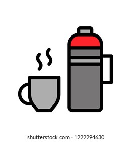 editable outline icons of tea coffee cup and flask in flat design.