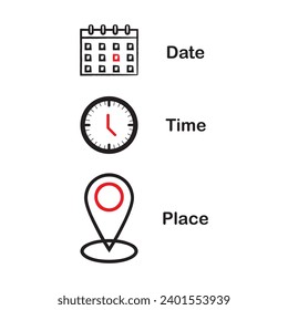 Iconos de contorno editables para el concepto de hora, fecha y lugar aislados en fondo blanco,ilustración plana de vector ubicación de icono ubicación de reloj de calendario ilustración símbolo de evento vector de datos