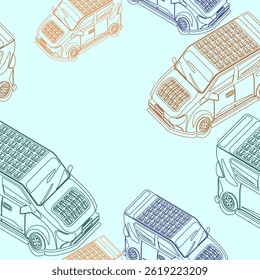 Editable Outline Isometric-like Top Oblique View Solar Electric Car Vector Illustration Seamless Pattern for Background of Futuristic Eco-friendly Vehicle and Green Life or Renewable Energy Campaign