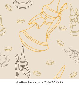 Editable Outline Style Arabian Dallah Coffee Pot and Roasted Beans Vector Illustration Seamless Pattern for Background of Middle Eastern Culture Tradition Cafe and Islamic Moments Related Design