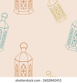 Editable Outline Style Arabian Lamps Vector Illustration With Various Colors as Seamless Pattern for Creating Background of Islamic Occasional Theme Such as Ramadan and Eid or Arab Culture