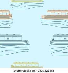 Editable Outline Style Canal Boats Vector Illustration in Various Color as Seamless Pattern for Creating Background of Transportation or Recreation of United Kingdom or Europe Related Design