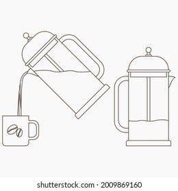 Editable Outline Style French Press Coffee Maker in Stand and Pouring into Mug Positions Vector Illustration for Cafe or Business Product Related Design Elements