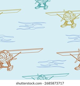 Editable Outline Style Front Semi Oblique View Pontoon Floating Plane on a Water Vector Illustration as Seamless Pattern for Creating Background of Transportation or Recreation Related Design