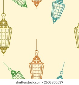 Editable Outline Style Hanging Arabian Lamps Vector Illustration With Various Colors as Seamless Pattern for Creating Background of Islamic Occasional Theme Such as Ramadan and Eid or Arab Culture
