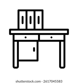 An editable outline style icon of wooden office table with files on it