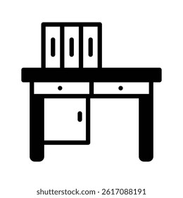 An editable outline style icon of wooden office table with files on it